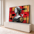 Quadro Decorativo Grande Busto Clássico para Sala Vermelho | quadros decorativos para sala | busto feminino clássico em preto e branco com pomba branca e fundo geométrico vermelho e dourado | em Quadros para Sala | Porao dos Quadros