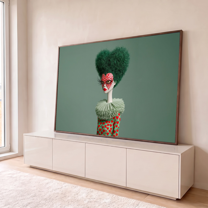Mulher surreal com cabelo verde em forma de coração, máscara de corações e gola plissada, quadro decorativo