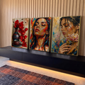 Quadro Decorativo Kit 3 Telas Mulheres Papoulas para Sala | quadros decorativos para sala | tríptico com papoulas vermelhas, retrato feminino colorido e mulher segurando flor rosa com fundo dourado | em Quadros para Sala | Porao dos Quadros