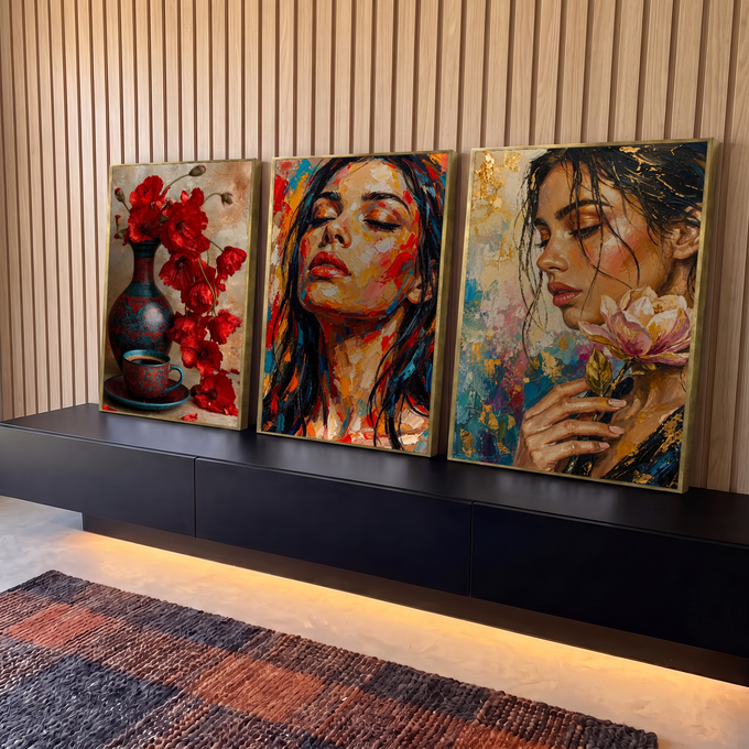 Quadro Decorativo Kit 3 Telas Mulheres Papoulas para Sala | quadros decorativos para sala | tríptico com papoulas vermelhas, retrato feminino colorido e mulher segurando flor rosa com fundo dourado | em Quadros para Sala | Porao dos Quadros