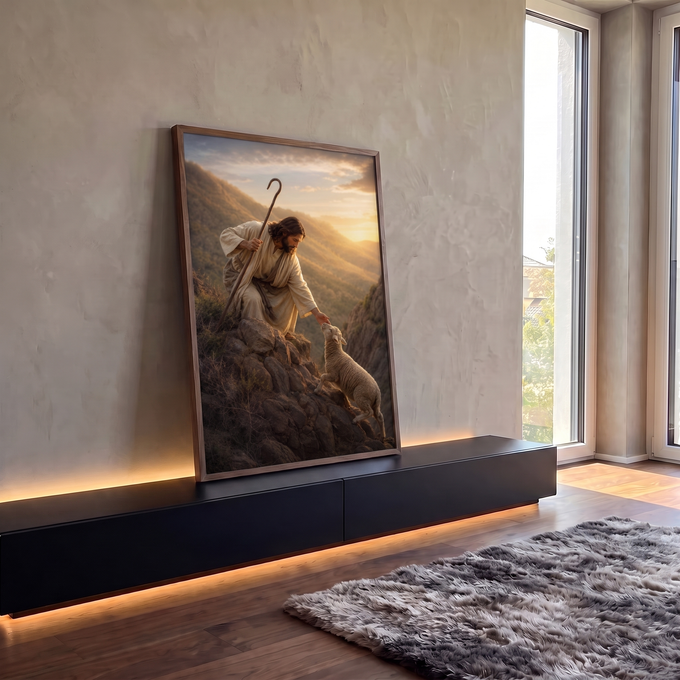 Quadro Decorativo Grande Jesus Bom Pastor Dourado para Sala | quadros decorativos para sala | Jesus com cajado estendendo a mão para uma ovelha em montanha ao pôr do sol | em Quadros para Sala | Porao dos Quadros