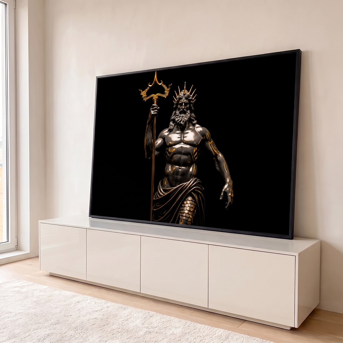 Quadro Decorativo Grande Deus Grego para Sala Preto | quadros decorativos para sala | figura masculina mitológica metálica com coroa de espinhos dourada e tridente sobre fundo preto | em Quadros para Sala | Porao dos Quadros