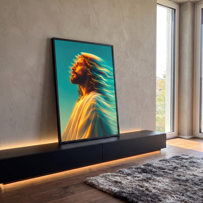 Quadro Decorativo Grande Homem de Perfil para Sala Dourado | quadros decorativos para sala | homem barbado de perfil com cabelo transformado em luz dourada e turquesa | Porao dos Quadros