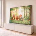 Ursinhos, raposa, coelho e guaxinim em festa com bolo e balões na floresta em aquarela, quadro decorativo