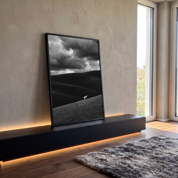 Ovelha branca solitária em colinas escuras sob céu nublado dramático em preto e branco, quadro decorativo