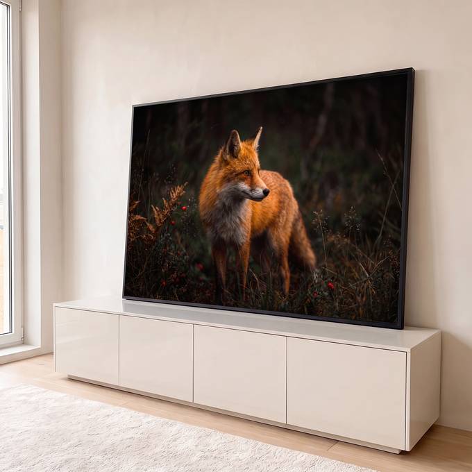 Raposa-vermelha de perfil entre samambaias e frutinhas vermelhas numa floresta escura, quadro decorativo