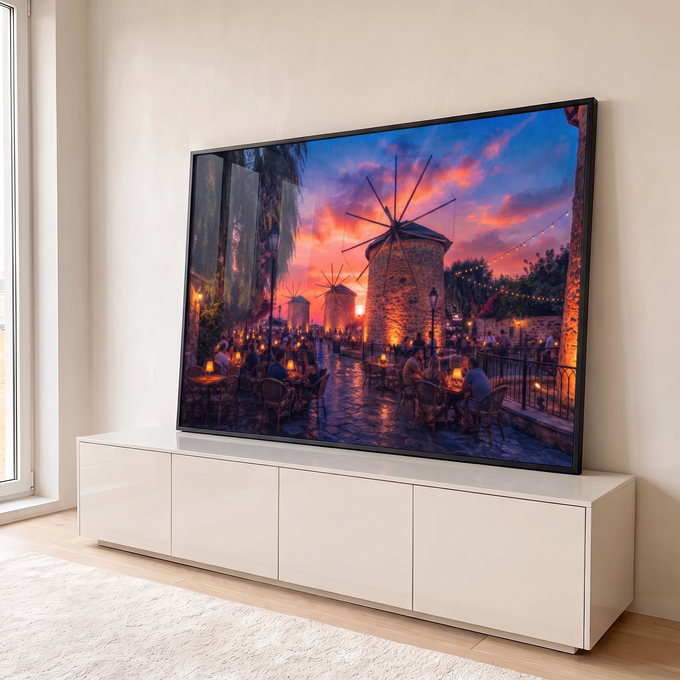 Quadro Decorativo Grande Pôr do Sol Moinhos para Sala | quadros decorativos para sala | pôr do sol colorido sobre moinhos de pedra com café ao ar livre numa rua de paralelepípedos | em Quadros para Sala | Porao dos Quadros