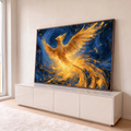 Quadro Decorativo Fênix Dourada em Céu Azul Turbilhonado | quadros decorativos para sala | fênix dourada com asas abertas sobre fundo azul em espirais estilo impressionista | em Quadros para Sala | Porao dos Quadros