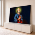 São Pedro apóstolo com auréola, manto azul e chave dourada sobre fundo azul escuro, quadro decorativo