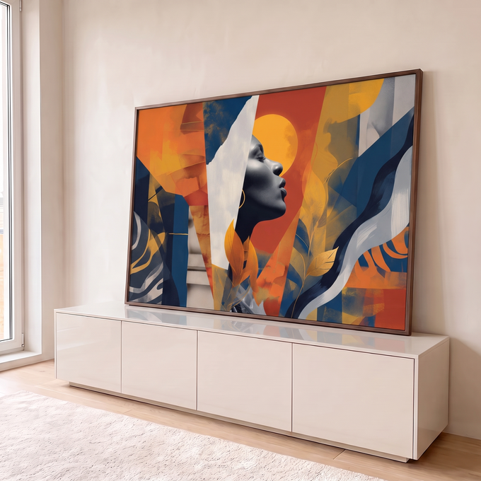 Quadro Decorativo Grande Perfil Feminino para Sala Azul | quadros decorativos para sala | perfil feminino em azul escuro com sol dourado e formas geométricas coloridas ao fundo | em Quadros para Sala | Porao dos Quadros