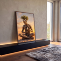 Quadro Decorativo Grande Figura de Madeira para Sala Marrom | quadros decorativos para sala | figura humanoide de madeira meditando no deserto com oliveira na cabeça e pombo branco no peito | em Quadros para Sala | Porao dos Quadros
