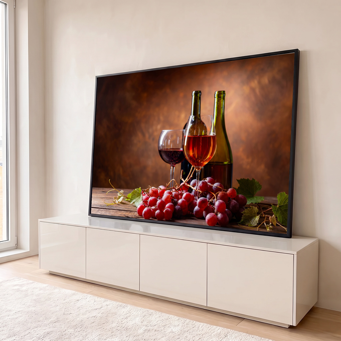 Quadro Decorativo Grande Taças de Vinho para Área Gourmet | quadros decorativos para sala | duas taças de vinho tinto e rosé com uvas roxas e garrafas sobre mesa de madeira | em Quadros para Área Gourmet | Porao dos Quadros