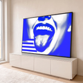 Quadro Decorativo Grande Boca Aberta para Sala Azul | quadros decorativos para sala | boca aberta com dentes e língua em efeito halftone azul e branco | em Quadros para Sala | Porao dos Quadros