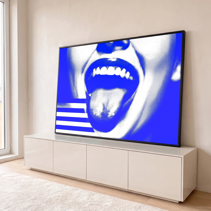 Quadro Decorativo Grande Boca Aberta para Sala Azul | quadros decorativos para sala | boca aberta com dentes e língua em efeito halftone azul e branco | em Quadros para Sala | Porao dos Quadros