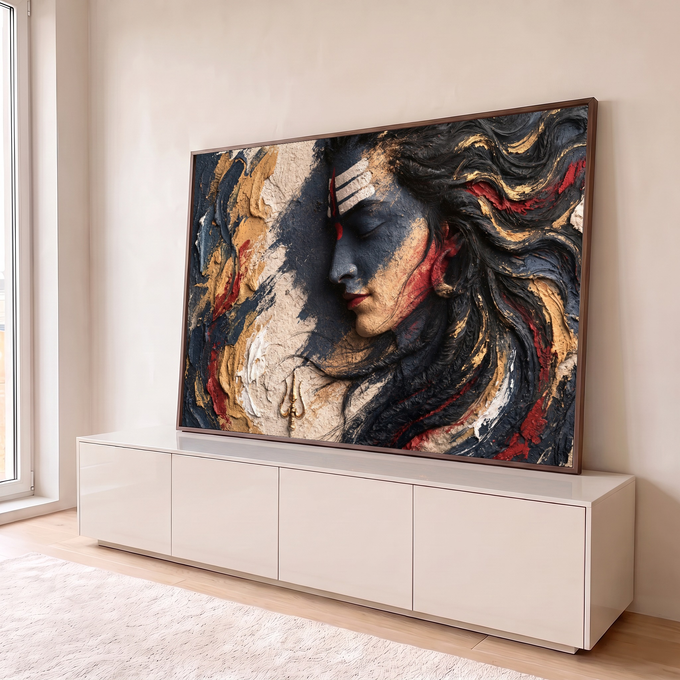 Shiva de perfil meditando em textura preta, bege e vermelha com tridente dourado, quadro decorativo