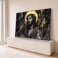 Jesus com coroa de espinhos e halo dourado, tinta dourada escorrendo sobre fundo preto, quadro decorativo