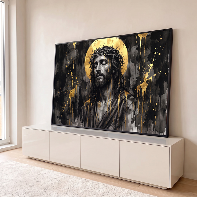 Jesus com coroa de espinhos e halo dourado, tinta dourada escorrendo sobre fundo preto, quadro decorativo