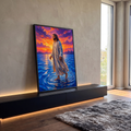 Quadro Decorativo Grande Jesus Milagre para Sala Azul | quadros decorativos para sala | Jesus de manto branco caminhando sobre mar azul sob céu laranja e roxo ao entardecer | em Quadros para Sala | Porao dos Quadros