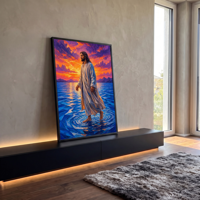 Quadro Decorativo Grande Jesus Milagre para Sala Azul | quadros decorativos para sala | Jesus de manto branco caminhando sobre mar azul sob céu laranja e roxo ao entardecer | em Quadros para Sala | Porao dos Quadros