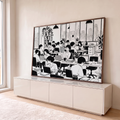 Quadro Decorativo Grande Escritório para Escritório Preto | quadros decorativos para sala | ilustração em preto e branco de escritório movimentado com um livro vermelho em destaque | em Quadros para Escritório | Porao dos Quadros