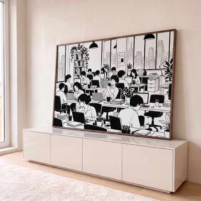 Quadro Decorativo Grande Escritório para Escritório Preto | quadros decorativos para sala | ilustração em preto e branco de escritório movimentado com um livro vermelho em destaque | em Quadros para Escritório | Porao dos Quadros