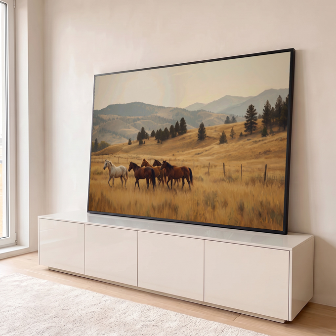 Quadro Decorativo Grande Cavalos em Campo para Sala Dourado | quadros decorativos para sala | cavalos caminhando em campo dourado com montanhas e pinheiros ao fundo | em Quadros para Sala | Porao dos Quadros