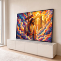 Quadro Decorativo Grande Jesus Carregando Dourado para Sala | quadros decorativos para sala | Jesus carregando cruz diante de portão dourado em estilo geométrico colorido | em Quadros para Sala | Porao dos Quadros