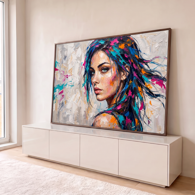 Quadro Decorativo Grande Retrato Feminino para Sala Azul | quadros decorativos para sala | retrato de mulher com cabelo colorido em pintura a óleo texturizada | em Quadros para Sala | Porao dos Quadros