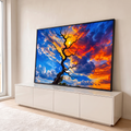 Árvore seca de galhos retorcidos com sol entre os galhos e céu azul e laranja vibrante, quadro decorativo