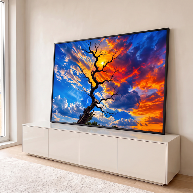 Árvore seca de galhos retorcidos com sol entre os galhos e céu azul e laranja vibrante, quadro decorativo