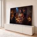 Quadro Decorativo Grande Última Ceia Pão para Sala Marrom | quadros decorativos para sala | Última Ceia com Jesus segurando cálice e pão partido à luz de velas noturnas | em Quadros para Sala | Porao dos Quadros
