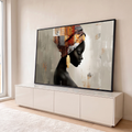 Quadro Decorativo Grande Mulher para Sala Marrom | quadros decorativos para sala | mulher africana em perfil com turbante colorido e brinco dourado em fundo neutro | em Quadros para Sala | Porao dos Quadros