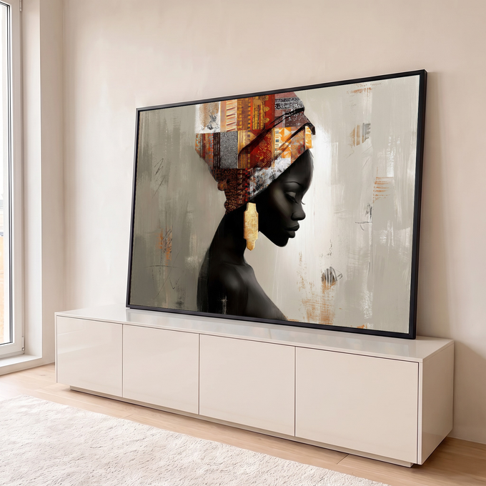 Quadro Decorativo Grande Mulher para Sala Marrom | quadros decorativos para sala | mulher africana em perfil com turbante colorido e brinco dourado em fundo neutro | em Quadros para Sala | Porao dos Quadros