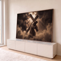 Jesus com coroa de espinhos carregando a cruz entre nuvens e raios de luz em sépia, quadro decorativo