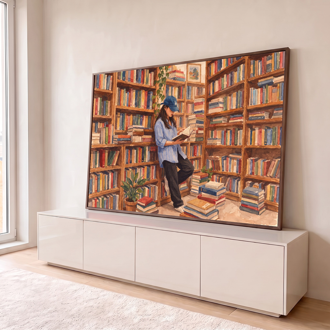 Pintura em aquarela de mulher de boné azul lendo um livro entre estantes de biblioteca, quadro decorativo