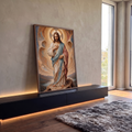 Quadro Decorativo Grande Jesus Cristo Mosaico para Sala | quadros decorativos para sala | Jesus Cristo em oração com manto azul e vermelho sobre fundo em mosaico dourado | em Quadros para Sala | Porao dos Quadros