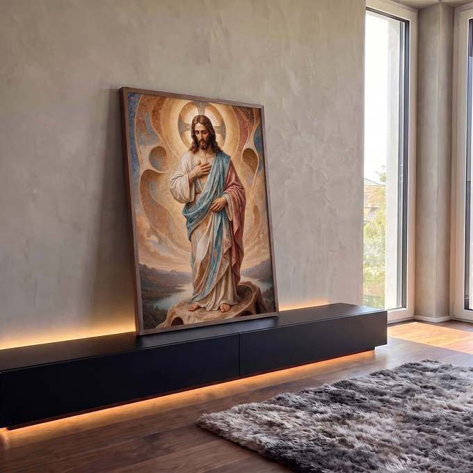 Quadro Decorativo Grande Jesus Cristo Mosaico para Sala | quadros decorativos para sala | Jesus Cristo em oração com manto azul e vermelho sobre fundo em mosaico dourado | em Quadros para Sala | Porao dos Quadros
