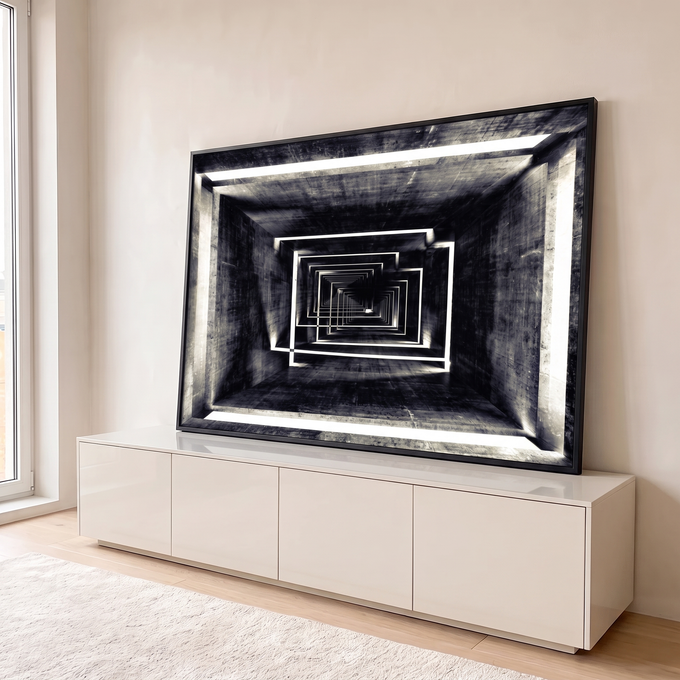 Quadro Decorativo Grande Túnel Geométrico para Sala Preto | quadros decorativos para sala | túnel de concreto preto e branco com molduras retangulares em perspectiva infinita | em Quadros para Sala | Porao dos Quadros