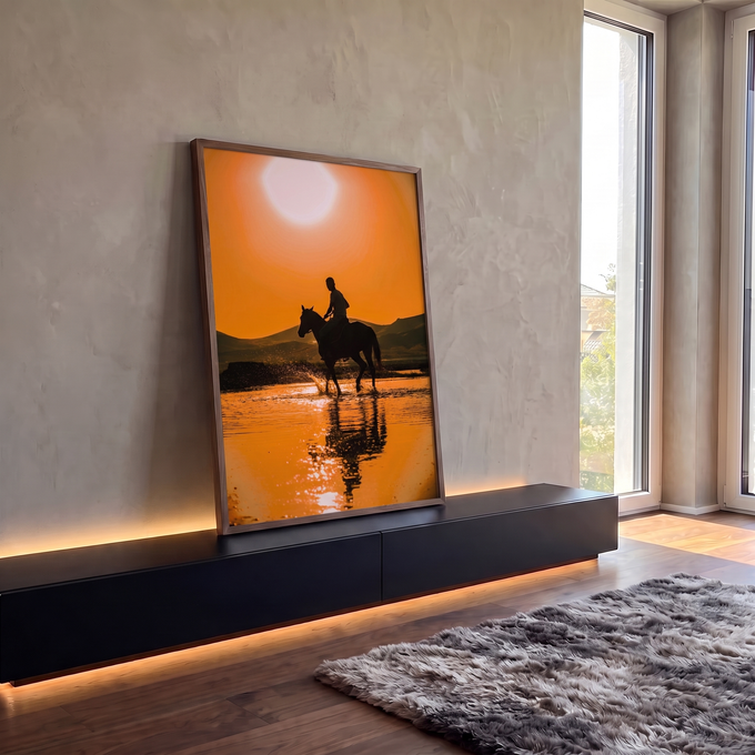 Silhueta de cavaleiro montado a cavalo cruzando rio sob sol laranja, com reflexo na água, quadro decorativo