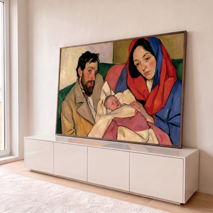 Quadro Decorativo Grande Família com Bebê para Sala Vermelho | quadros decorativos para sala | família com bebê adormecido, véu vermelho e azul, contornos fortes e cores vivas | em Quadros para Sala | Porao dos Quadros