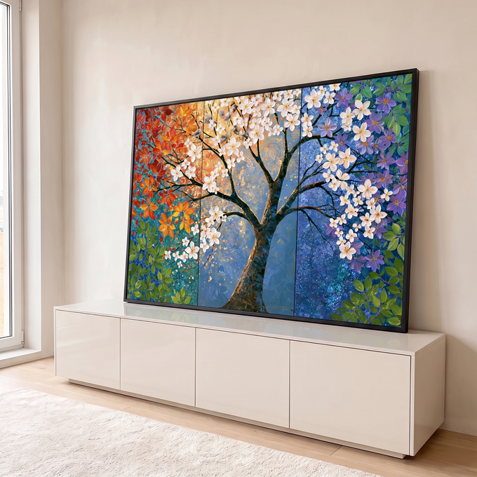 Quadro Decorativo Árvore das Quatro Estações em Tríptico | quadros decorativos para sala | árvore estilizada em tríptico com folhas vermelhas, flores brancas e lilás | em Quadros para Sala | Porao dos Quadros