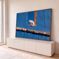 Quadro Decorativo Grande Gato Branco Azul para Sala | quadros decorativos para sala | gato branco sentado numa janela de pedra em parede azul com céu ao fundo | em Quadros para Sala | Porao dos Quadros