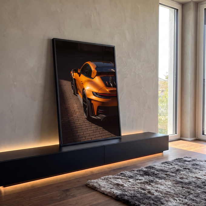 Quadro Decorativo Grande Traseira de Carro para Sala Laranja | quadros decorativos para sala | carro esportivo laranja visto de cima em ângulo traseiro com aerofólio preto | em Quadros para Sala | Porao dos Quadros
