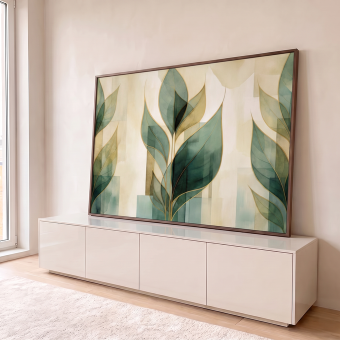 Quadro Decorativo Grande Folhas Verdes para Sala Verde | quadros decorativos para sala | folhas estilizadas verdes com contorno dourado sobre fundo bege geométrico | em Quadros para Sala | Porao dos Quadros