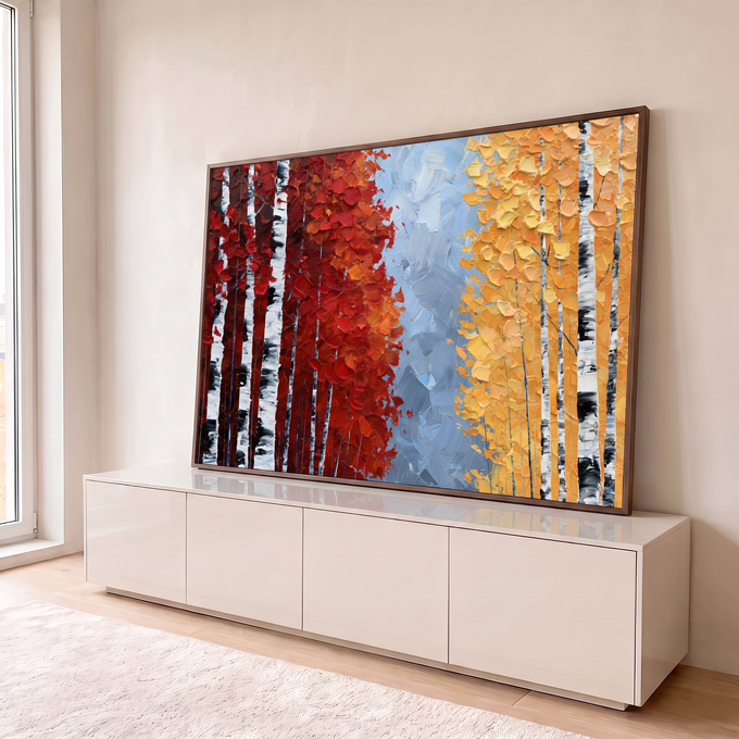Quadro Decorativo Bétulas em Vermelho e Dourado Textura | quadros decorativos para sala | bosque de bétulas com folhagem vermelha e dourada em textura de tinta espessa | em Quadros para Sala | Porao dos Quadros
