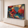 Quadro Decorativo Paisagem de Montanhas em Vermelho | quadros decorativos para sala | paisagem de montanhas texturizadas em vermelho, dourado e azul com árvores estilizadas | em Quadros para Sala | Porao dos Quadros
