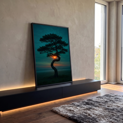 Quadro Decorativo Grande Árvore Retorcida Azul para Sala | quadros decorativos para sala | árvore de tronco sinuoso em silhueta com sol laranja entre os galhos ao entardecer | Porao dos Quadros
