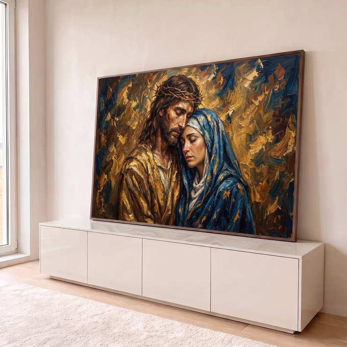 Quadro Decorativo Grande Jesus e Maria Azul para Sala | quadros decorativos para sala | Jesus com coroa de espinhos e Maria com véu azul, testas encostadas, pintura dourada | em Quadros para Sala | Porao dos Quadros