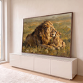 Quadro Decorativo Grande Leão e Filhote para Sala Dourado | quadros decorativos para sala | leão adulto deitado com filhote aconchegado, pintura a óleo em tons dourados e marrons | em Quadros para Sala | Porao dos Quadros