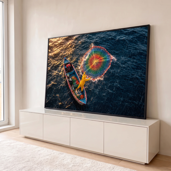 Quadro Decorativo Grande Pescador Lançando para Sala Azul | quadros decorativos para sala | pescador de amarelo lançando rede colorida sobre o mar visto de cima | em Quadros para Sala | Porao dos Quadros